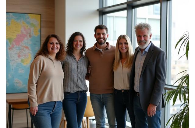 Founding team of Ontario Gateway Travel in their modern, welcoming office in downtown Ontario, Canada, smiling and collaborating.