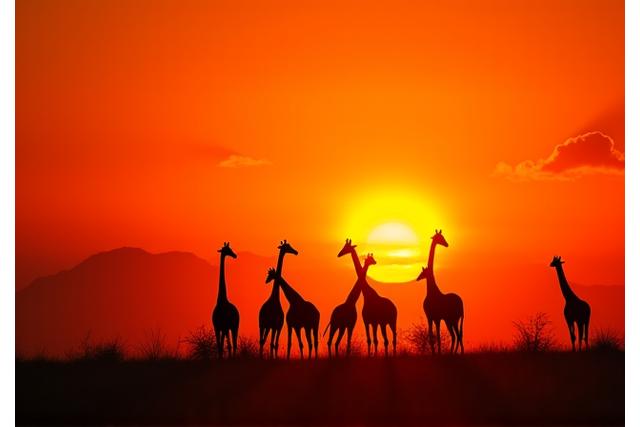 Giraffes silhouetted against an African sunset on a savanna