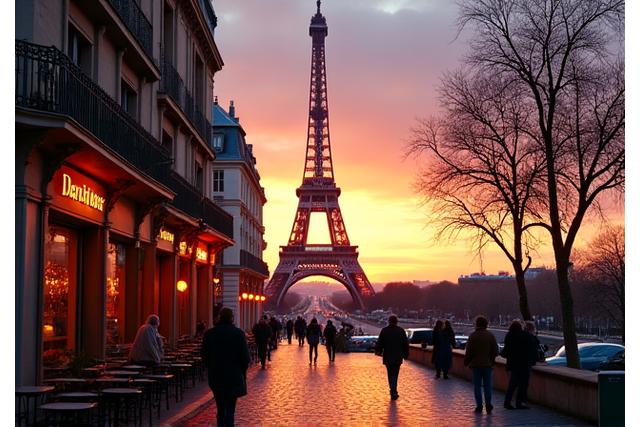 Eiffel Tower at sunset with romantic Parisian streets